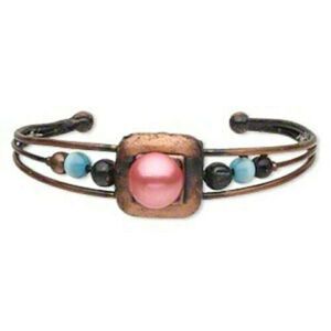 Antiqued Copper Steel Beaded Pink Blue Black Adjustable Metal Cuff Bracelet
